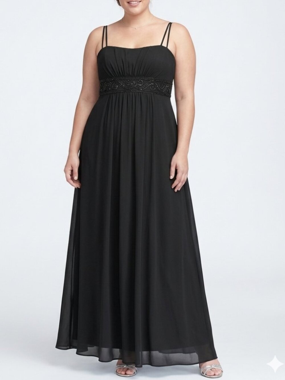 David's Bridal Black Chiffon Beaded Empire Waist Formal Gown Dress Size 14